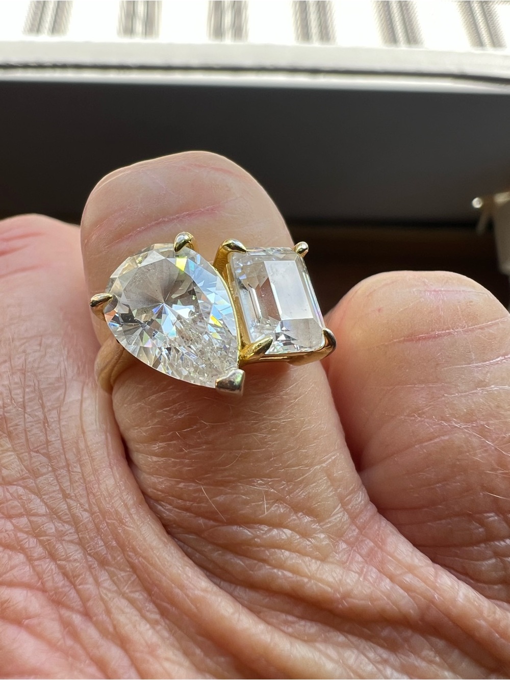 Clear Crystal Two-Stone Gold Ring - Elegant Pear and Emerald Cut Design